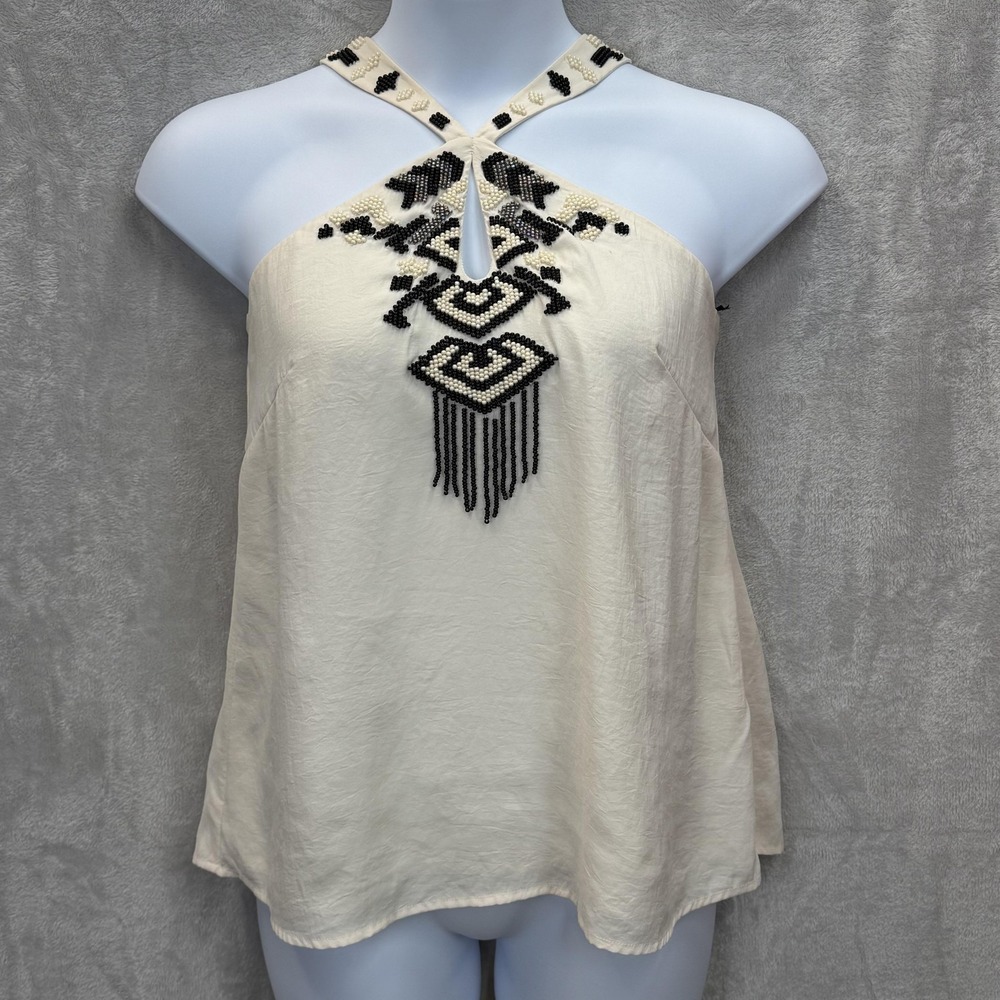 Nanette Lepore Blouse Womens 12 White Halter Beaded Fringe Geometric Lined